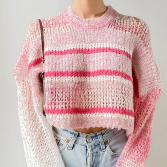 Kimchi Blue Pink Striped Open Knit Cropped Sweater XS Oversized Sheer Pullover - Picture 2 of 8